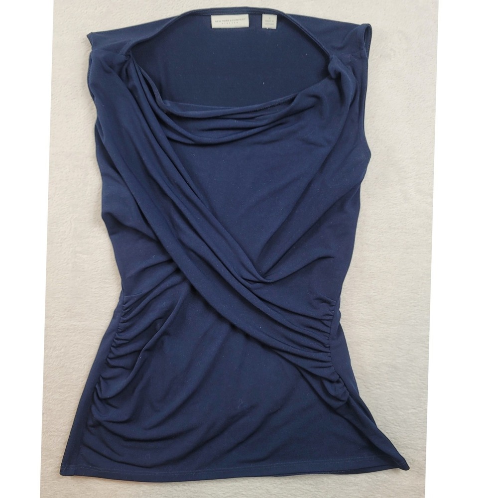 New York & Company Navy Blue Draped Cowl Neck Surplice Ruched Sleeveless Top S